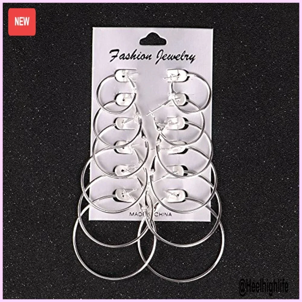 6 Pair Hoop Earring Set Stainless Steel Studs Women's Jewelry Silver Tone - Picture 3 of 4